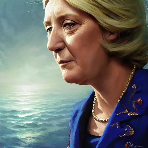 Image similar to Portrait of Marine le Pen , french emperor, heroic, tricolor background, amazing splashscreen artwork, splash art, head slightly tilted, natural light, elegant, intricate, fantasy, atmospheric lighting, cinematic, matte painting, detailed face, by Greg rutkowski