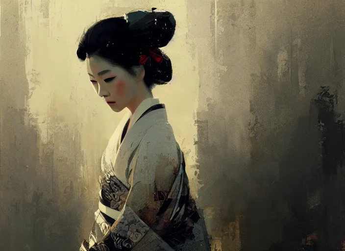 Image similar to female geisha girl, beautiful face, rule of thirds, intricate outfit, spotlight, by greg rutkowski, by jeremy mann, digital painting