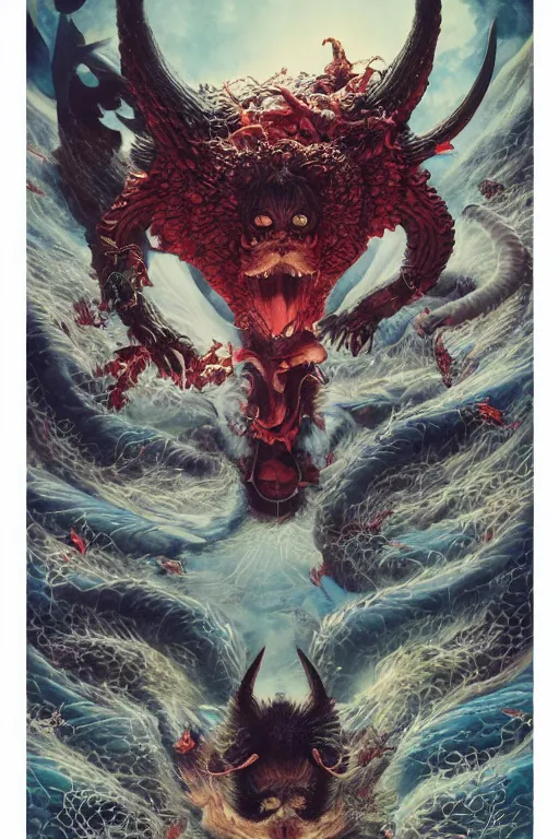 Prompt: a cover of japanese magazine about devil animal creatures bio with a banner and logo on it by illustrated by miyazaki by karol bak, james jean, tom bagshaw, rococo, sharp focus, trending on artstation, cinematic lighting, hyper realism, octane render, 8 k, hyper detailed, vivid, ultra detailed, highly detailed
