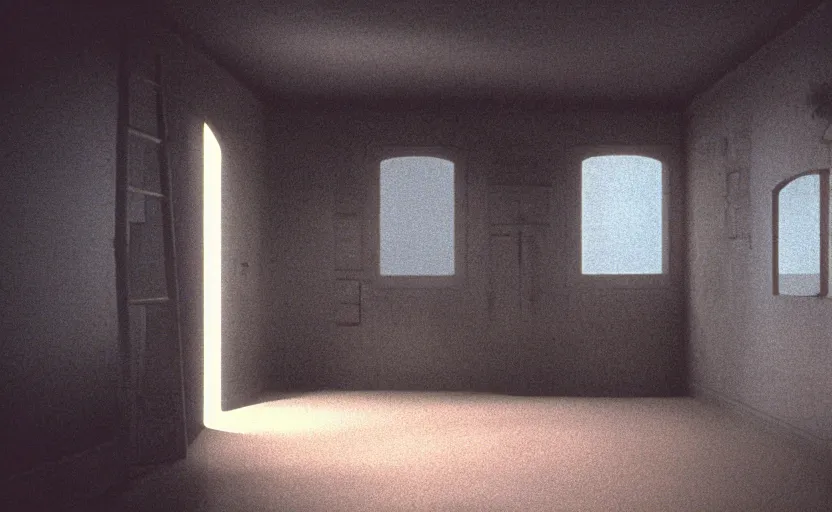 Prompt: cinematic screenshot of the surreal interior for house built on nothing and something for the nothing underneath, moody scene from being john malcovich directed by charlie kaufman ( 2 0 0 1 ), moody volumetric light morning, anamorphic lenses, kodak color film stock