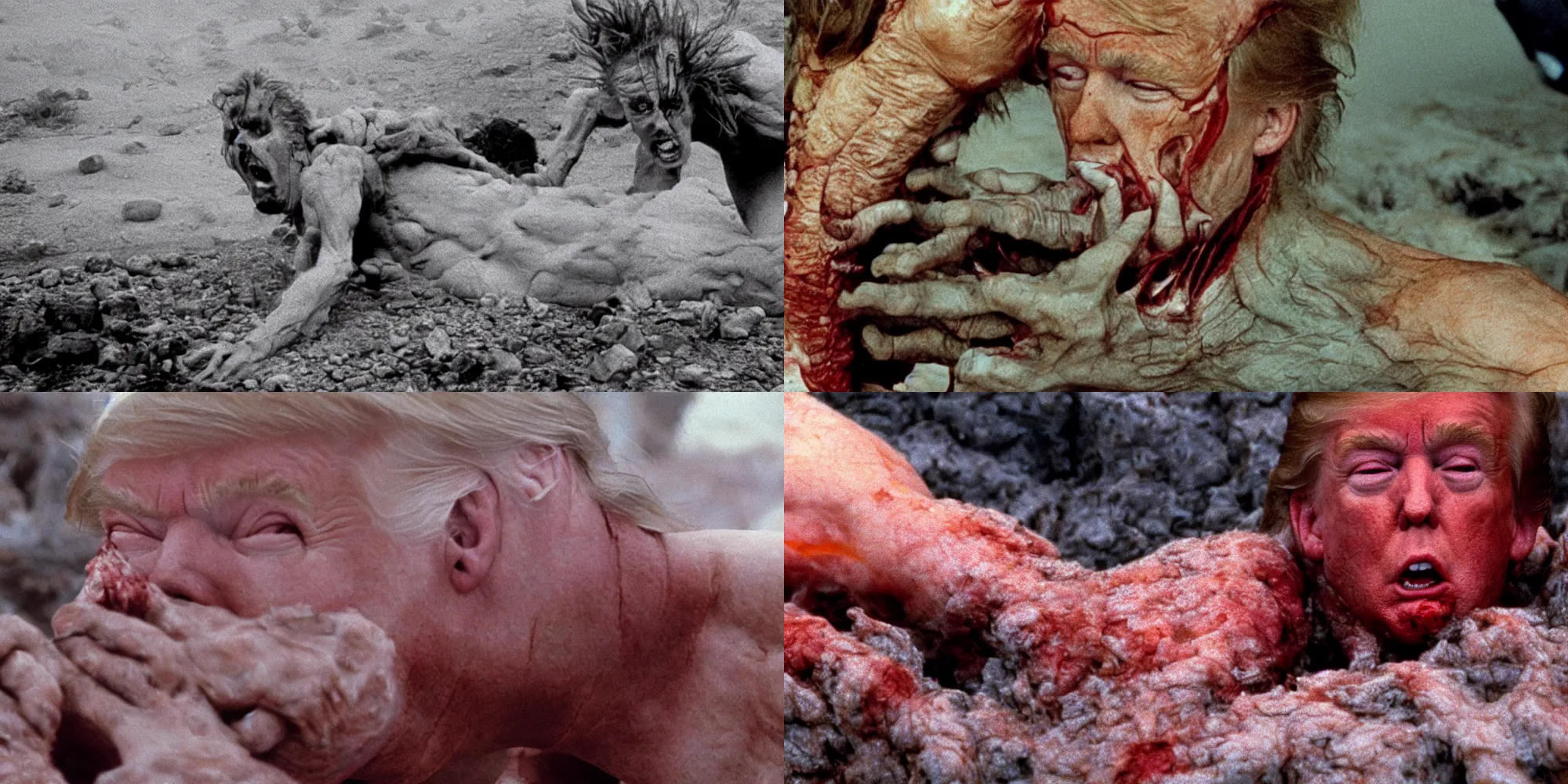 Prompt: donald trump body horror in the thing ( 1 9 8 2 ) directed by john carpenter, limb mutations, swollen veins, red flesh strings, arizona desert, cacti, flamethrower, desert landscape, cinestill 8 0 0 t, 1 9 8 0 s movie still, film grain