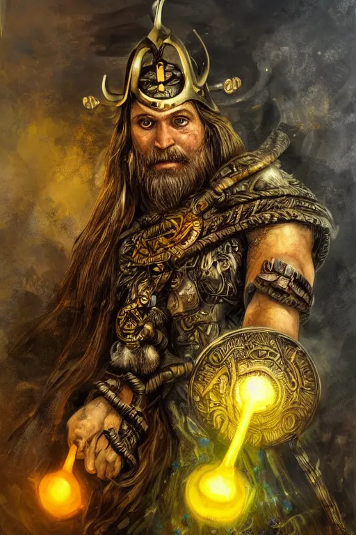 Prompt: mythological viking odin all father Shaman of artificial intelligence creating an artificial neural network with thunder with yellow synapses on an anvil, high resolution, award winning art, trending on art station, sharp image, incredibly detailed, detailed character realistic painting