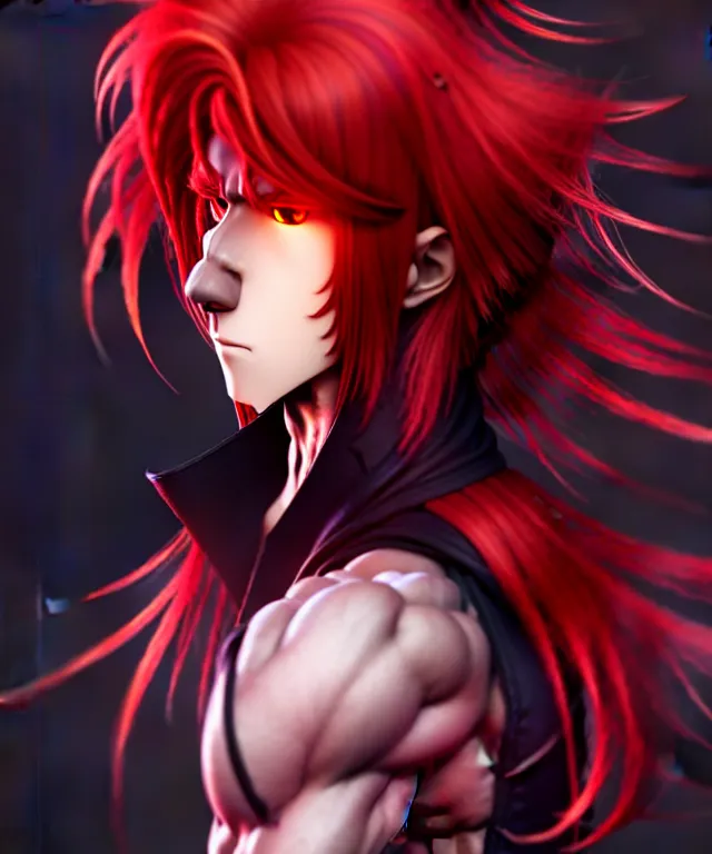 Image similar to award winning portrait of a male anthropomorphic anime black wolf long red hair. artstation, artistic lighting, highly detailed, photorealistic, fantasy