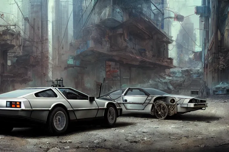 Prompt: highly detailed photorealistic rendering of a delorean parked on the streets of a cyberpunk abandoned city, driver side gullwing door is open, futuristic post - apocalyptic vibe, by greg rutkowski and stanley artgerm and alphonse mucha, octane, sharp focus, hyperrealistic, unreal engine 5, vray, masterpiece