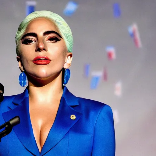 Image similar to Lady Gaga as president, Argentina presidential rally, Argentine flags behind, bokeh, giving a speech, detailed face, Argentina