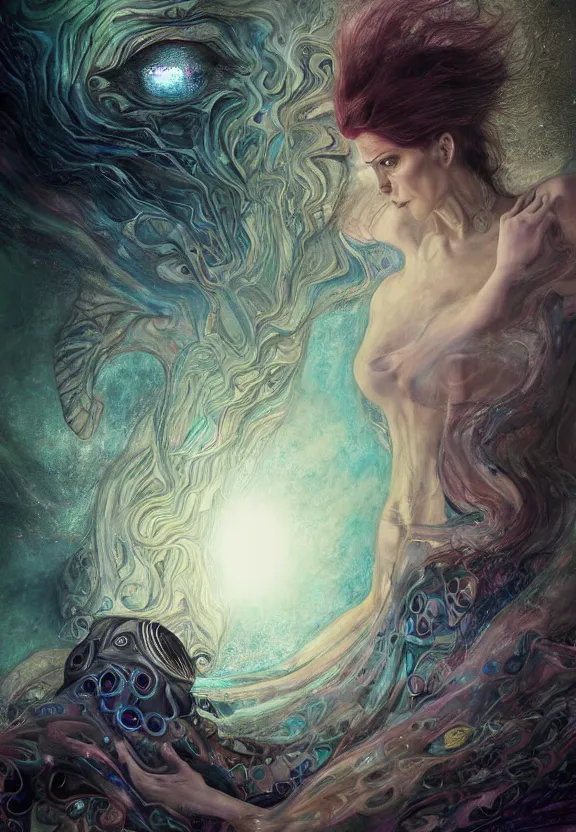 Prompt: epic portrait of menacing and anxious yet stunningly beautiful biomechanical djinn overseeing the iridescent fabric of time and space, by charlie bowater, mandy jurgens, gustav klimt, octane render, dramatic camera angle, 4k, 8k, high detail, HDR, by tom bagshaw, powerful, with inspiration from Beksinski, inspired by greek goddess Athena