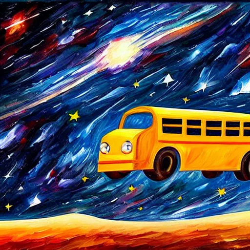 Prompt: school bus, on mars, school bus on mars, earth in the background, shooting stars, nebula, drawn by Leonid Afremov