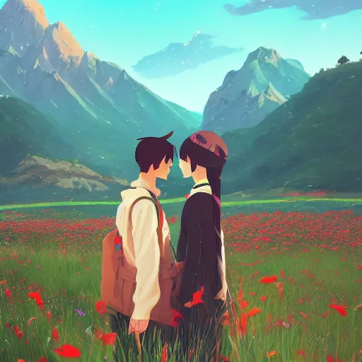 Prompt: one teen girl with long black hair and bangs, one teen boy with black hair, flower fields and mountains in the background, digital painting, artstation, highly detailed, by makoto shinkai and thomas kindle and James gilleard