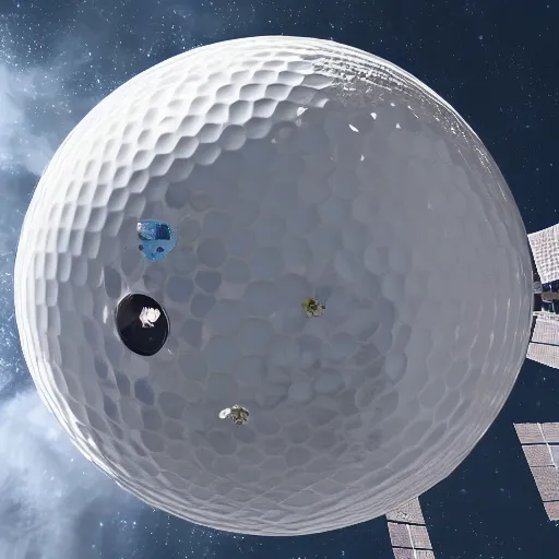 Image similar to orbiting space station that resembles a huge golf ball, there are windows in the golf ball, 4K, 8K, ultrarealistic, highly detailed, the best ever