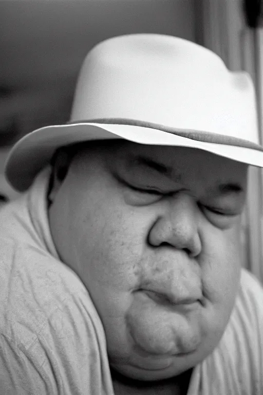 Image similar to close-up photography, portrait of fat man in white hat, soft light, 35mm, film photo, Joel Meyerowitz