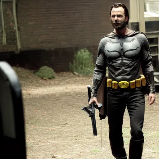 Image similar to Film still of Rick Grimes as Batman, from The Walking Dead (2010 TV Show)