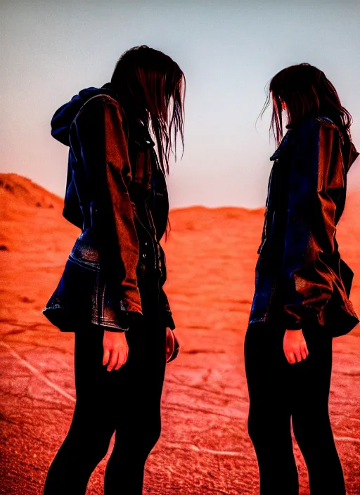 Prompt: cinestill 5 0 d photographic portrait of two loving female androids wearing rugged black techwear on a desolate plain with a red sky, extreme closeup, cyberpunk style, in front of a brutalist dark metal facility, dust storm, 8 k, hd, high resolution, 3 5 mm, f / 3 2, ultra realistic faces, ex machina