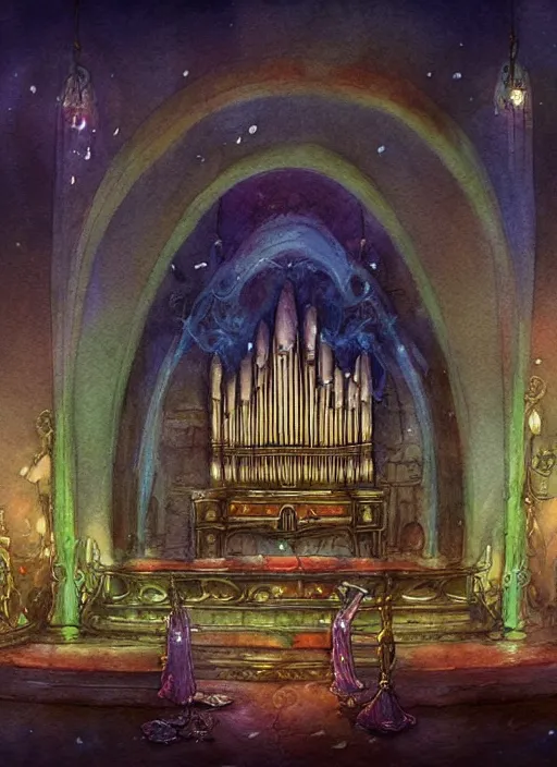 Image similar to pipe organ with fairy lights, light ground fog, detailed fantasy watercolor comic style, subtle colors, by tony sart