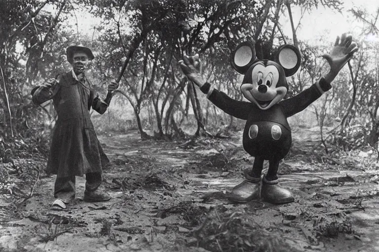 Image similar to a 1 9 0 5 colonial closeup photograph of mickey mouse in a village at the river bank of congo, thick jungle, wide angle shot