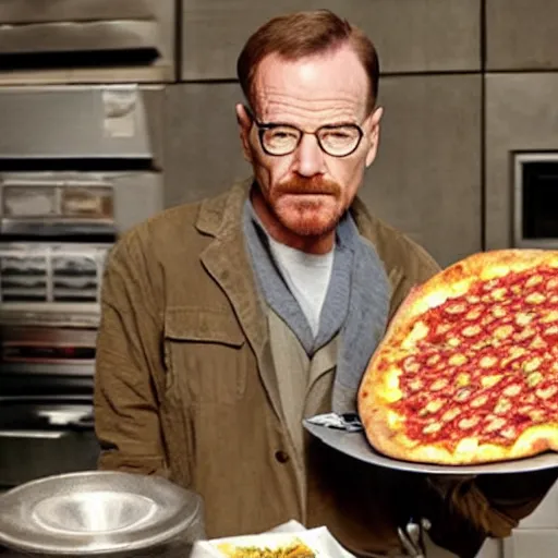 Prompt: bryan cranston as walter white holding a pizza