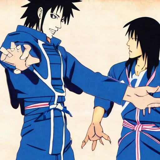 Prompt: Keanu Reeves teaches Sasuke how to chidori illustrated by Kishimoto highly detailed manga panel