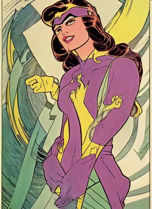 Image similar to a beautiful young woman. she is a superhero, wearing a superhero costume. well composed, clean elegant painting, beautiful detailed face. retro comic book art by steve ditko and jack kirby and ( alphonse mucha )