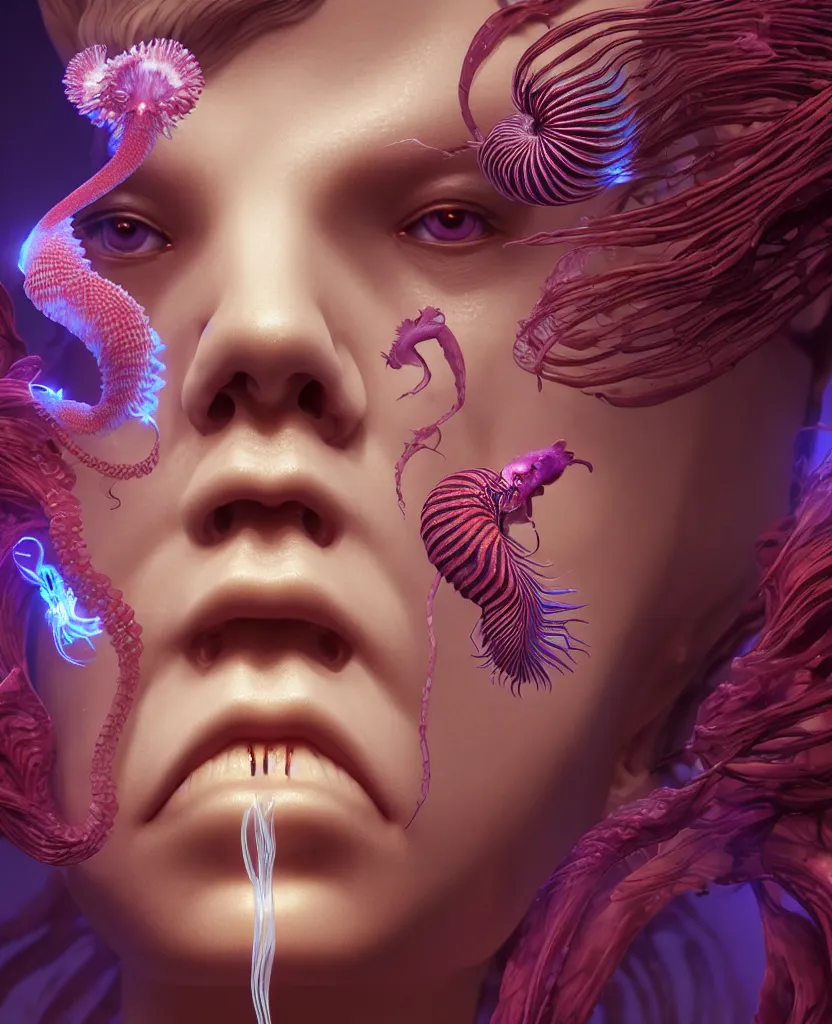 Image similar to goddess close-up face portrait. chimera orchid jellyfish phoenix head, nautilus, skull, betta fish, bioluminiscent creatures, intricate artwork by Tooth Wu and wlop and beeple. octane render, trending on artstation, greg rutkowski very coherent symmetrical artwork. cinematic, hyper realism, high detail, octane render, 8k