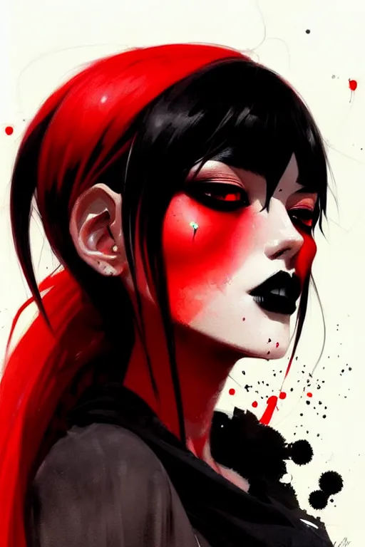 Image similar to a ultradetailed beautiful painting of a stylish goth girl, black eyes, red and black, by conrad roset, greg rutkowski and makoto shinkai trending on artstation