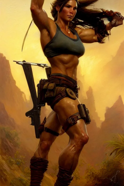 Image similar to muscular sweat lara croft, highly detailed painting by gaston bussiere, craig mullins, j. c. leyendecker 8 k