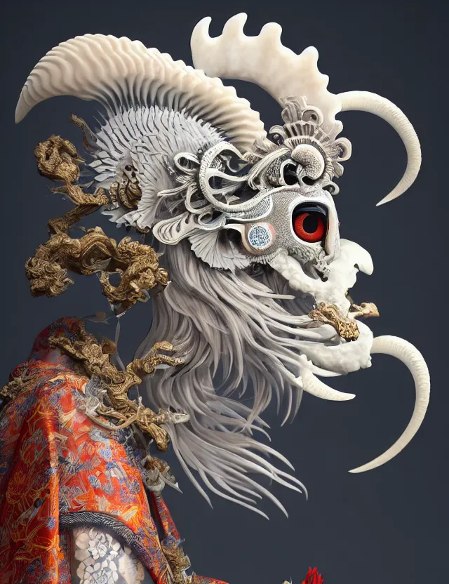 Image similar to 3 d goddess close - up profile portrait ram skull. beautiful intricately detailed japanese crow kitsune mask and clasical japanese kimono. betta fish, jellyfish phoenix, bio luminescent, plasma, ice, water, wind, creature, artwork by tooth wu and wlop and beeple and greg rutkowski