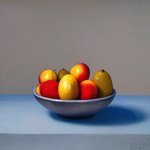 Image similar to a hyperrealistic painting of fruit in a bowl