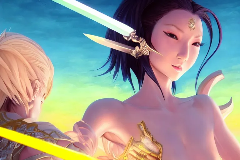 Image similar to beautiful ego sword girl fighting against the king in the yellow, sunset horizon, highlight on the blade, extremely detailed and beautiful aesthetic face, close up, super detailed eyes, highly detailed, digital painting, highlight scene of the movie, smooth, illustration, unreal engine 5, 8 k, art by hiroaki samura and jiro matsumoto and yusuke murata