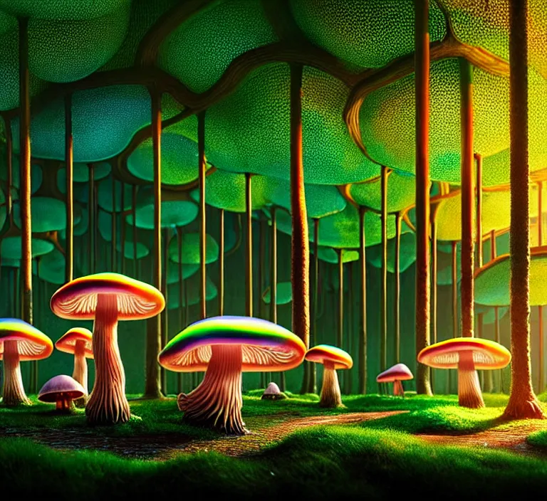 Prompt: hyperrealism photography hyperrealism concept art of highly detailed glowing with a different species of mushrooms and fungi, rainbow of colors in forest at night highly detailed futuristic ( fantasycore ) city by wes anderson and hasui kawase and scott listfield sci - fi style hyperrealism rendered in blender and octane render volumetric natural light