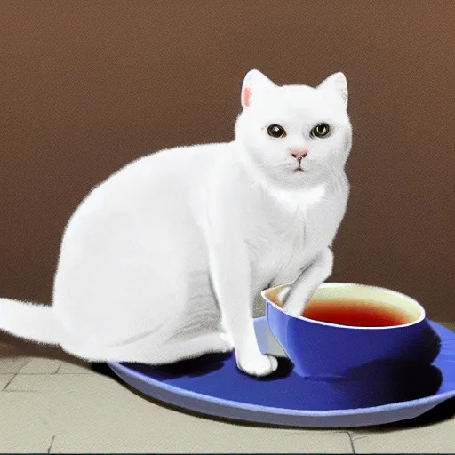 Prompt: a white cat is pouring tea