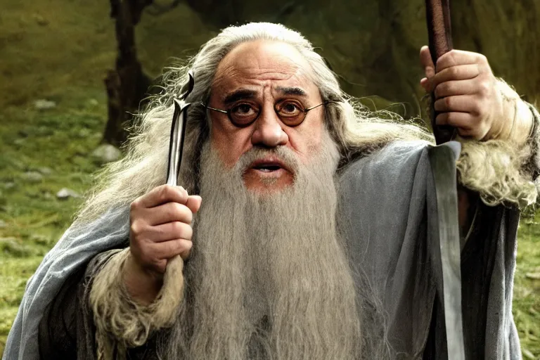 Prompt: Film still of Danny DeVito as Gandalf in the movie Lord of the Rings