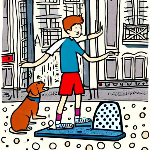 Prompt: illustration of boy playing football with his dog on the streets of paris, his dog dog is a corgi that wears a polkadot scarf