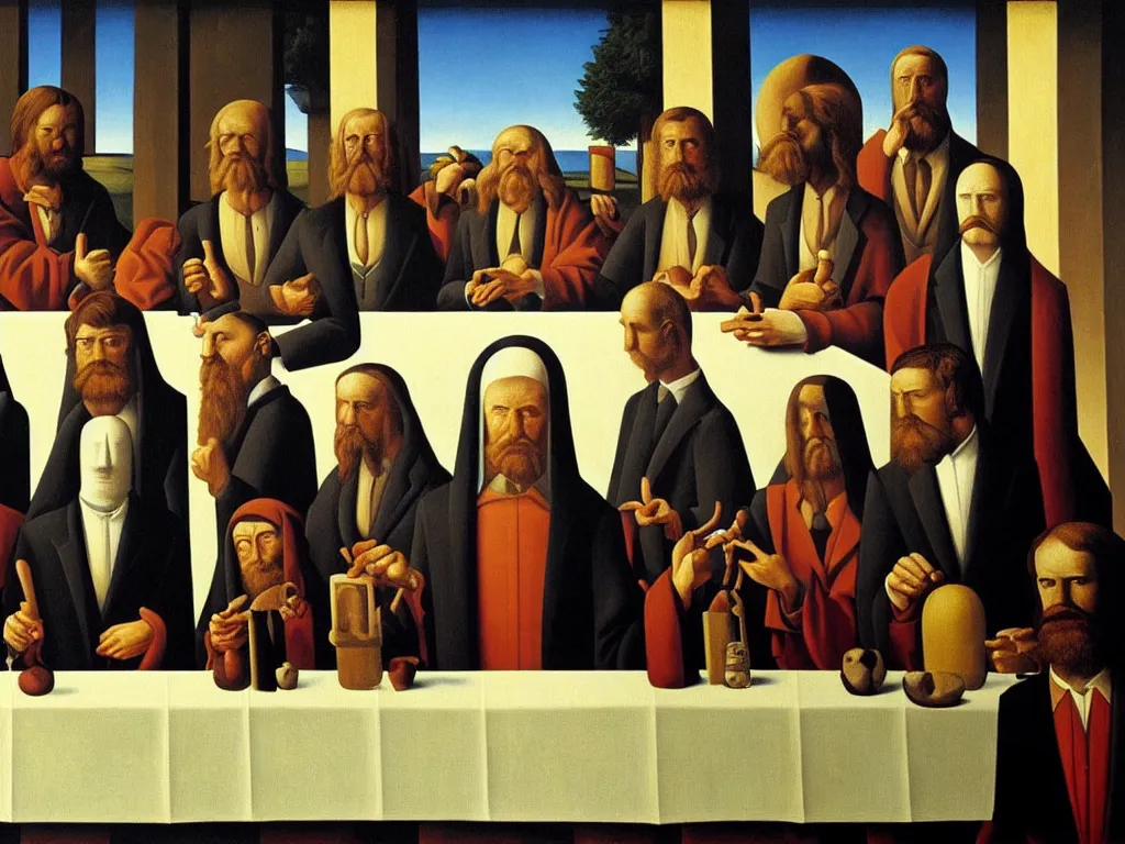 Image similar to crowded last supper painting magritte, renaissance, american gothic, detailed faces