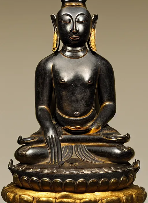 Image similar to photo of a magnificent gilt-bronze seated figure of bodhisattva, anthropomorphized asian black bear, head of an asian black bear, Early Ming dynasty, late 14th-15th century, studio lighting