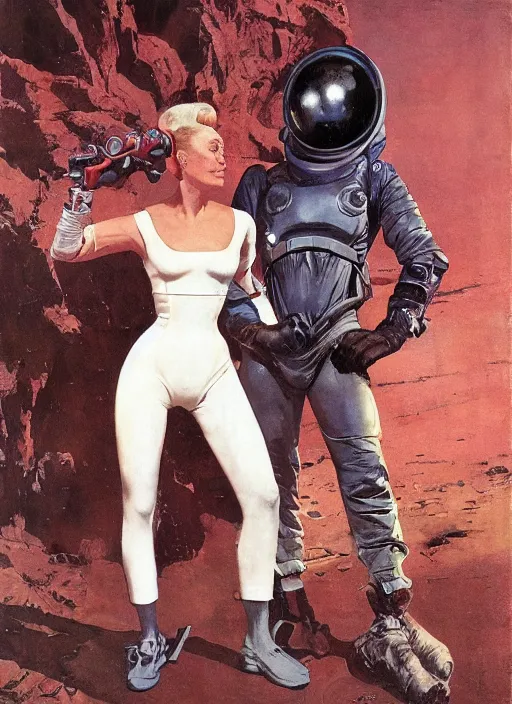 Image similar to martian standing beside elegant lady wearing a latex spacesuit, by norman rockwell, jack kirby, jon berkey, earle bergey, craig mullins, ruan jia, jeremy mann, tom lovell, marvel, astounding stories, 5 0 s pulp illustration, scifi, fantasy