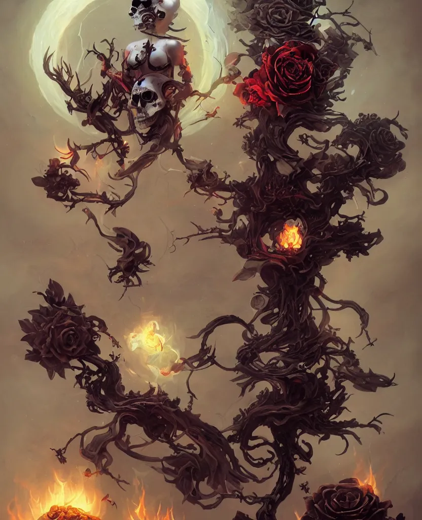 Prompt: a chaotic goddess of death skull black rose s day of the dead atmospheric, dramatic, concept art by Peter Mohrbacher hyperrealist, cinema4D, 8k highly detailed ❤️‍🔥 🔥 💀 🤖 🚀