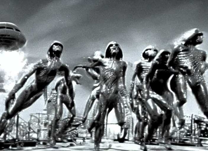 Prompt: scene from a 1970 science fiction film about an alien invasion