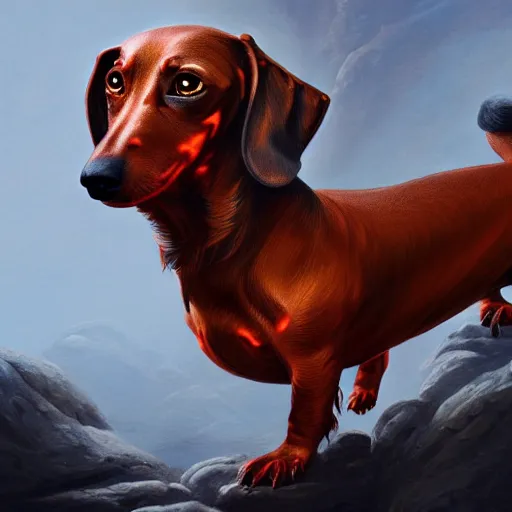 Prompt: a portrait of a fire elemental dachshund, fantasy concept art by Gerald Brom, highly detailed, intricate, sharp focus, Trending on Artstation HQ, deviantart, unreal engine 5, 4K UHD image