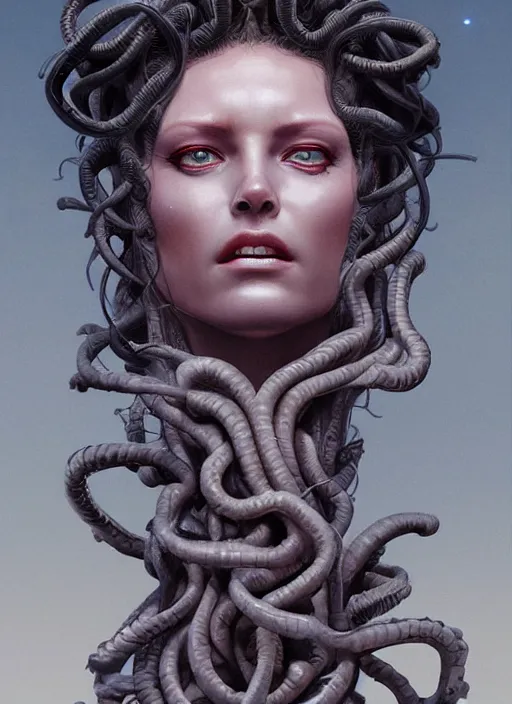 Image similar to Medusa, detailed face, very detailed, dramatic lighting, electrical details, high details, 4k, 8k, trending on artstation, by Greg Rutkowski, Wayne Barlowe, Hajime Sorayama and Boris Vallejo