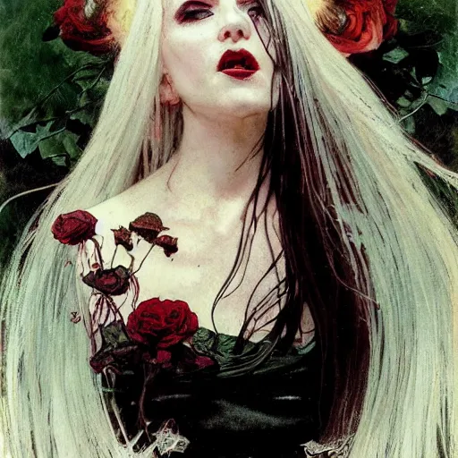 Image similar to portrait of a menacing beautiful vampire, head only, headshot, detailed and clear eyes and mouth, blinding white hair, roses scattered everywhere, by Stanley Artgerm Lau , greg rutkowski, thomas kindkade, alphonse mucha, loish, norman rockwell, J. C. Leyendecker. hair waving in the wind, pale skin, sinister complexion, thorn crown, image bordered by thorns, thorn background. D&D, fantasy. Trending on artstation rule of thirds extremely detailed render, octane hd 4k