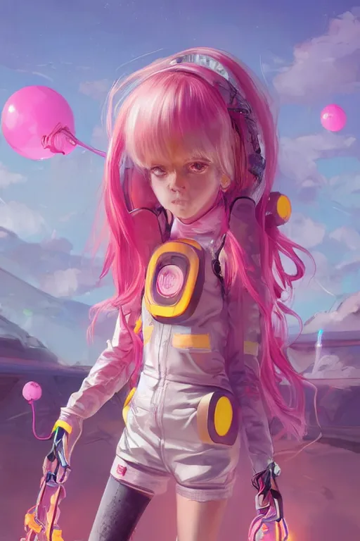 Prompt: a cute girl, pink hair covered with hairpins, big eyes ， yellow inflatable loose plastic cyber technology jacket, huge jet rocket engine backpack, fantasy art by guweiz, sleek curves, intricate sharp focus, trending on artstation hq, deviantart, pinterest, unreal engine 5, highly detailed, 4 k uhd image