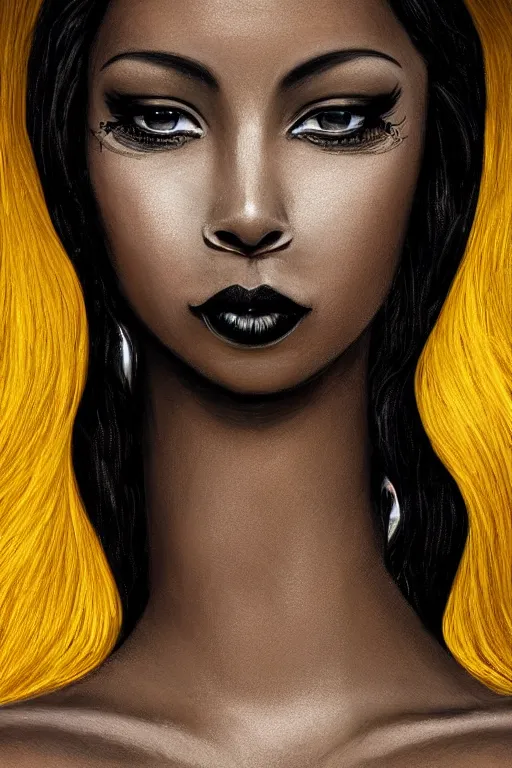 Image similar to a beautiful African American woman with long black hair, yellow eyes, gothic, intricate, elegant, dramatic lighting, gorgeous face, white tank top, highly detailed, lifelike, photorealistic, digital painting, artstation, illustration, concept art, smooth, sharp focus, art by John Collier and Albert Aublet and Krenz Cushart and Artem Demura and Alphonse Mucha