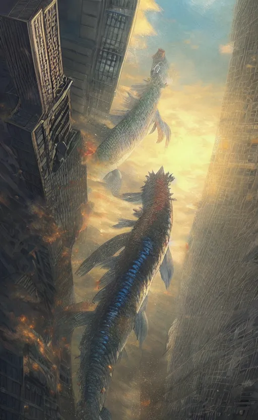 a giant koi fish Kaiju smashing through skyscrapers, | Stable Diffusion ...