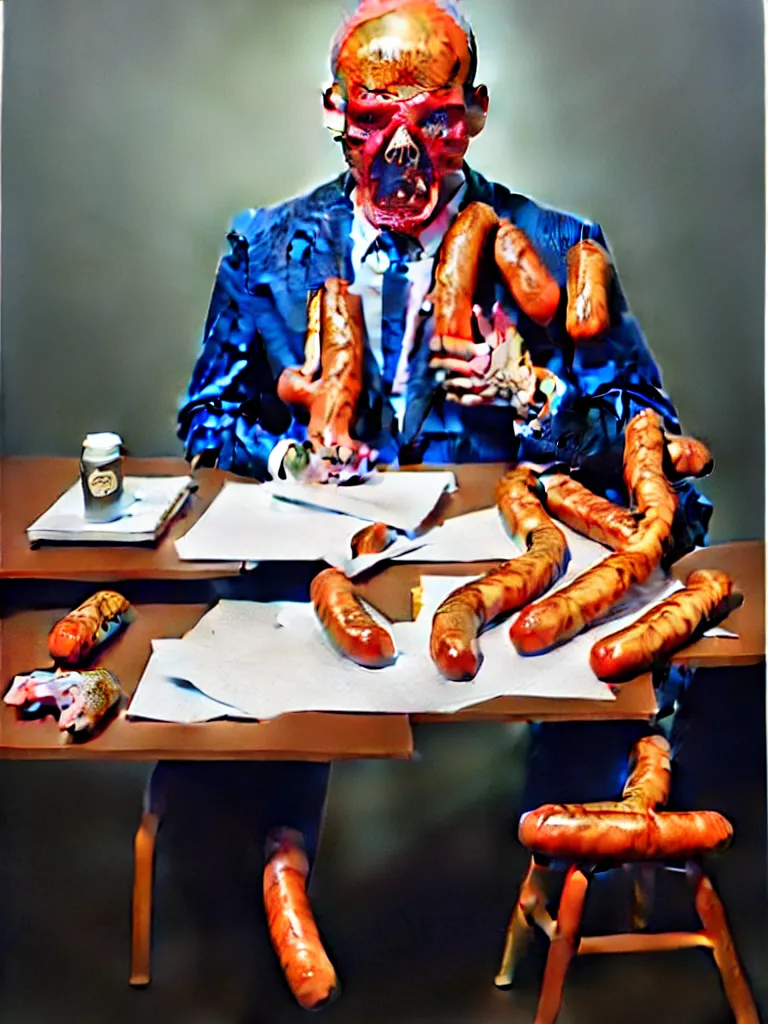Image similar to a perfect hyperrealist colour painting of a man at a desk, his head has burst open and a bouquet of dogs and frankfurters has erupted from his shattering skull. he is coated in one inch thick foaming saliva. perfect studio lighting.