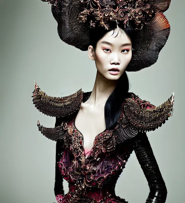 Prompt: photography american portrait of a stunning asian woman like ming xi. great hair style,, half in shadow, natural pose, natural lighing, rim lighting, wearing an ornate stunning sophistical fluid dress and hat iris van herpen, colorfull newbaroque makeup by benjamin puckey, highly detailed, skin grain detail, photography by paolo roversi