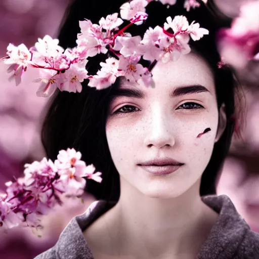 Prompt: double exposure photo of a face of a woman and cherry blossoms, award-winning photograph, 8k UHD