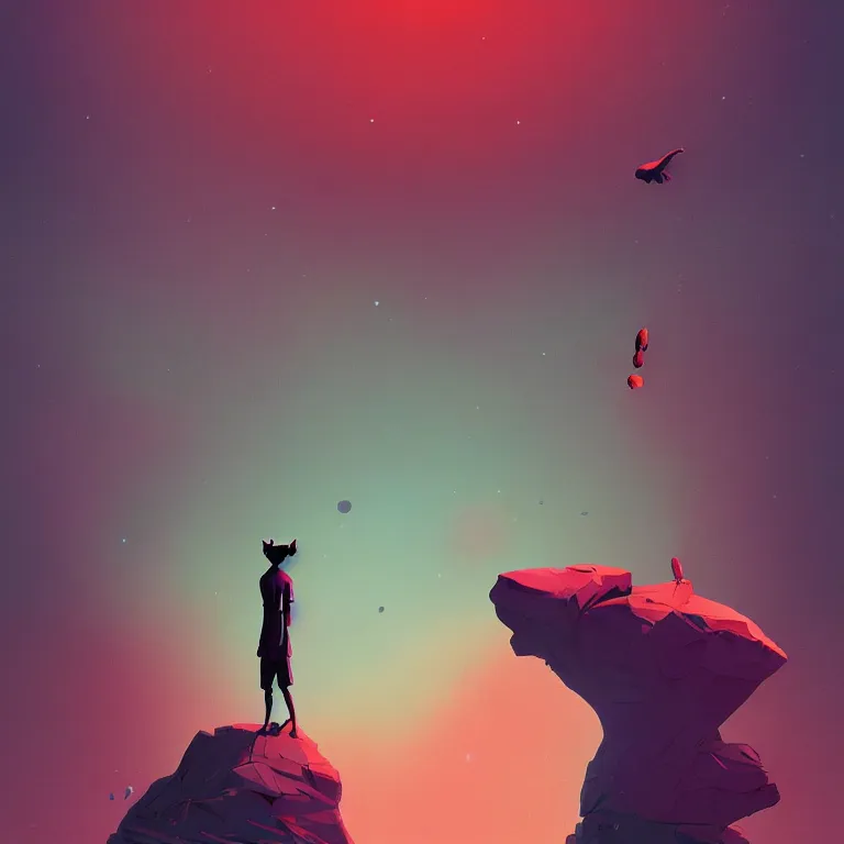 Prompt: a surreal hybrid animal standing on the surface of a simple planet by tomer hanuka and beeple and chester don powell, dramatic composition, strong clashing colors, sharp focus, 3d shading, volumetric lighting, masterpiece, beautiful