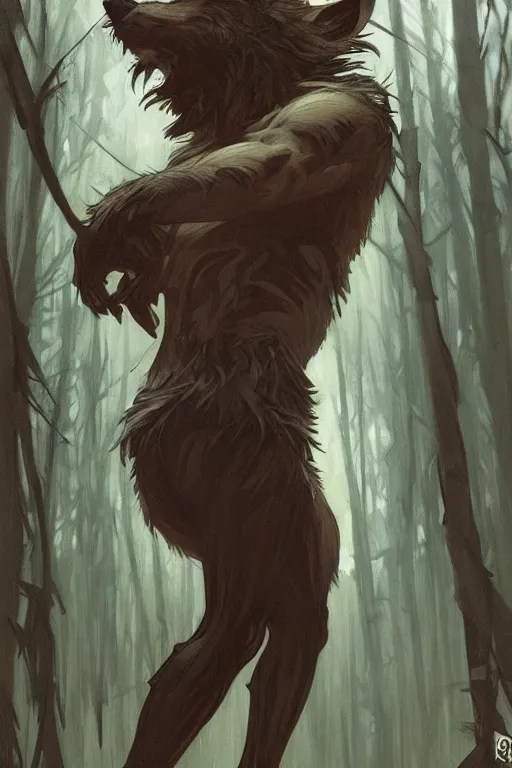 Image similar to fullbody portrait of a male werewolf, bared teeth, long claws, by greg rutkowski and alphonse mucha, gradient brown to silver, in front of a forest at night background, highly detailed portrait, digital painting, artstation, concept art, smooth, sharp focus illustration