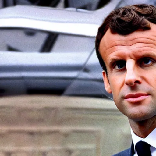 Image similar to photo of emmanuel macron in back to the future movie, full body shot, sharp focus, award - winning