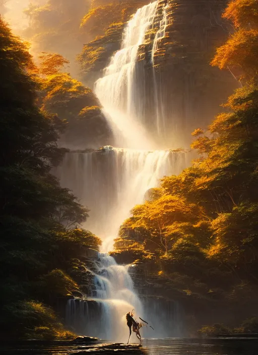 Prompt: detailed intricate digital illustration by greg rutkowski and artgerm and wlop and sanford robinson gifford ; shimmering waterfall in background ; 1 3 mm film, arri alfa anamorphic lens ; sharp focus, golden hour lighting, trending on artstation 4 k
