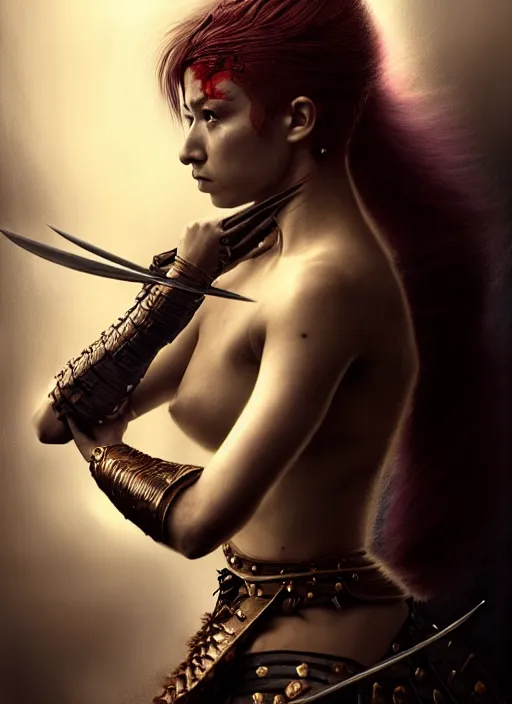 Image similar to a fierce young warrior woman moments before battle, diffuse lighting, fantasy, intricate, elegant, highly detailed, archillect, lifelike, Rebel, photorealistic, digital painting, artstation, punks, illustration, concept art, smooth, kinemacolor, sharp focus, artgerm, by John Collier and Albert Aublet and Leonardo da vinci and Krenz Cushart and Artem Demura and Alphonse Mucha